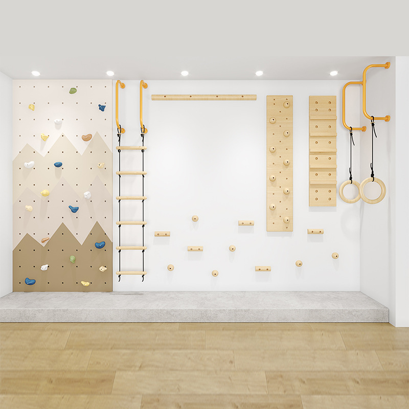 Gymnastic Rings Wooden - ชุดเครื่องเล่นปีนป่ายในร่มสำหรับเด็ก ทำจากไม้ พร้อมที่จับปีนผา เชือก บันได และห่วงยิมนาสติก