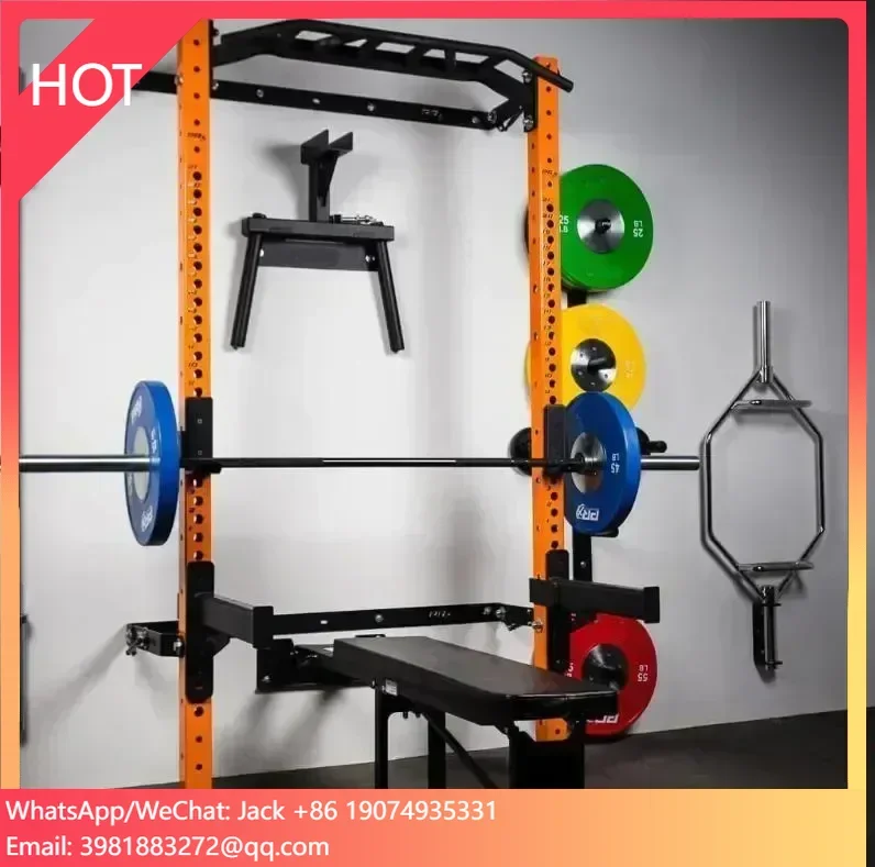 Home Gym Folding Rack - อุปกรณ์ออกกำลังกายแบบติดผนังสำหรับยิมและใช้ในบ้าน ชั้นวางพาวเวอร์สควอทแบบพับได้พร้อมบาร์จับหลายแบบ