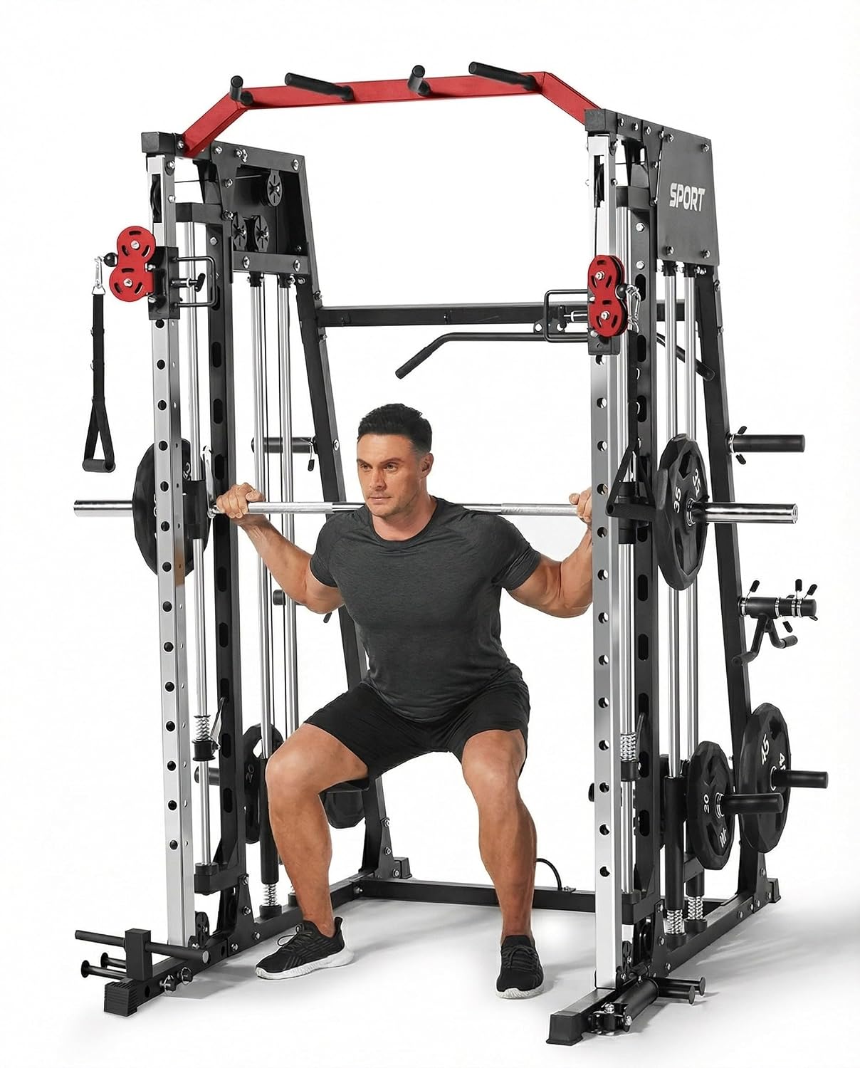 Home Gym Smith - เครื่องออกกำลังกายออลอินวันแบบสมิธแมชชีนสำหรับใช้ในบ้าน, แร็คสควอท 2200 ปอนด์ พร้อมระบบดึงข้อศอกลง (LAT-Pull
