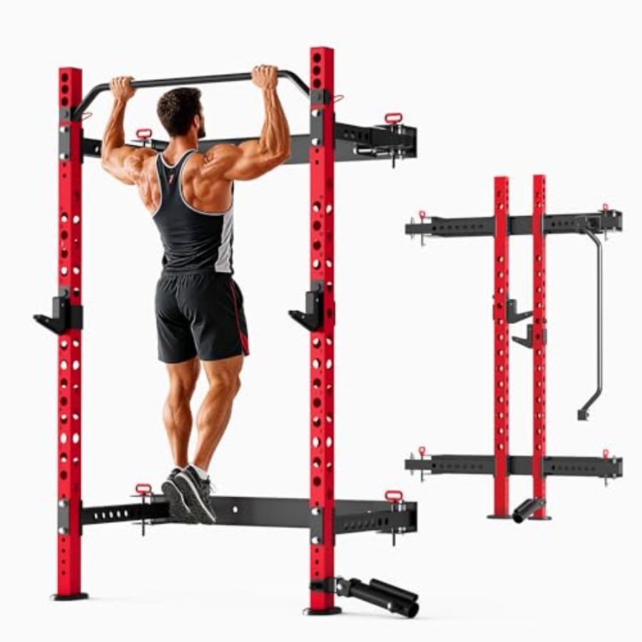 Home Gym Folding Rack - แร็คสควอทพับได้สำหรับยิมที่บ้าน, เหล็ก, สีดำและสีแดง, รับน้ำหนักได้ 1100 ปอนด์