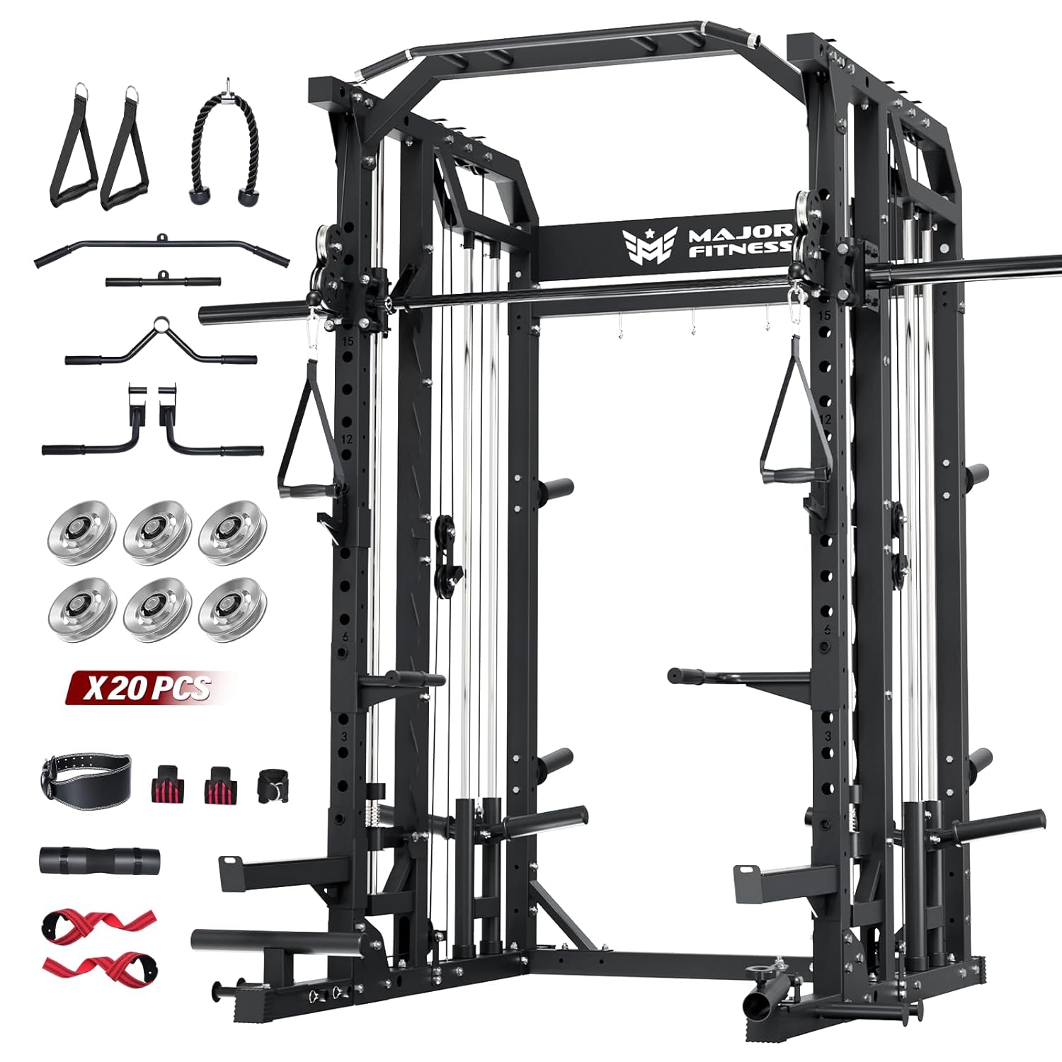 Home Gym Smith - สมิธแมชชีน โฮมยิม สควอทแร็ค พร้อมบาร์ดึงข้อศอกแบบคู่ สายเคเบิ้ลลาทพูลดาวน์ ครอสโอเวอร์
