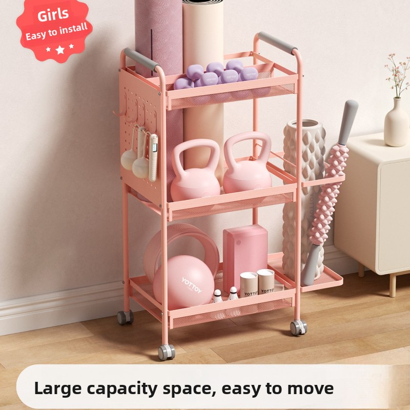 Home Gym Folding Rack - ชั้นวางของเหล็กแบบมินิมอลหลายชั้นแบบเคลื่อนย้ายได้ สำหรับเก็บเสื่อโยคะ ดัมเบล โฟมโรลเลอร์ อุปกรณ์ฟิตเนสสำหรับใช้ในบ้าน
