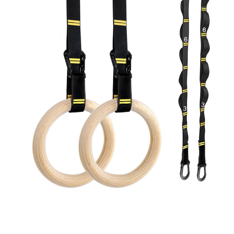 Gymnastic Rings Wooden - ห่วงยิมนาสติกแบบดึงขึ้นขนาด 28 มม. 32 มม. ห่วงไม้กันลื่นพร้อมสายรัดปรับได้สำหรับออกกำลังกายที่บ้าน
